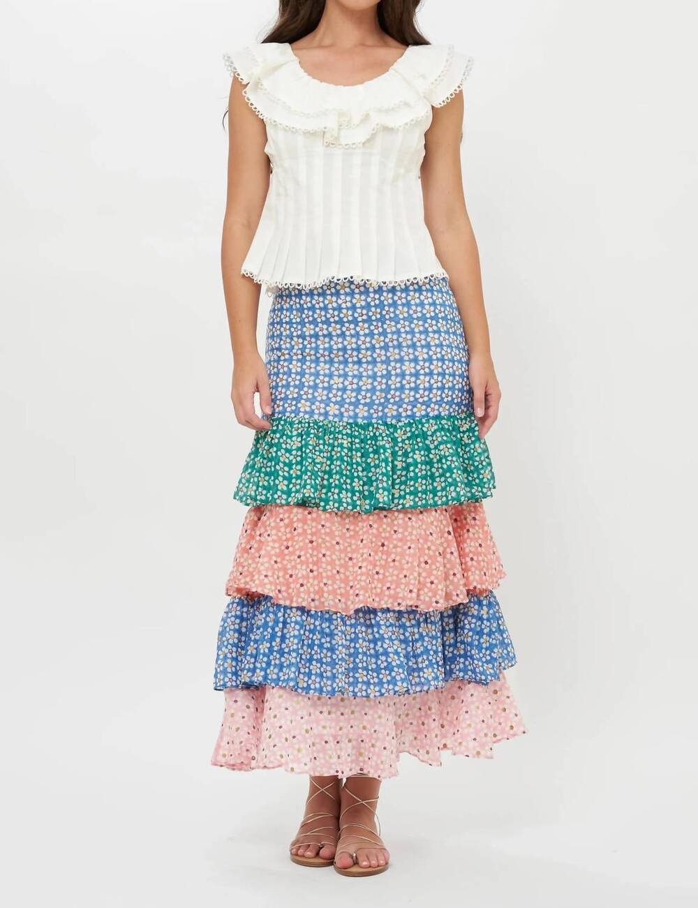 NEW OLIPHANT ruffle maxi skirt in aster blue